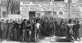 Recruiting for the war -- scene at the recruiting tents in the park, New York. Illustration in Frank Leslie's illustrated newspaper, March 19, 1864, p. 404. Courtesy Library of Congress
