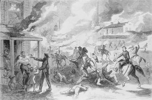 The destruction of the city of Lawrence, Kansas, and the massacre of its inhabitants by the Rebel guerrillas, August 21, 1863. From Harper's Weekly, September 5, 1863, courtesy Library of Congress.