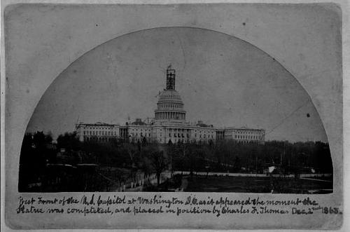 West front of the U.S. Capitol as it appeared the moment the statue was completed, and placed in position by Charles F. Thomas, December 2, 1863, courtesy Library of Congress.